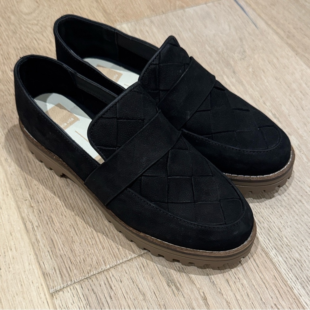 Dolce Vita Black Woven Suede Slip-On‎ Loafers with Chunky Tan Sole